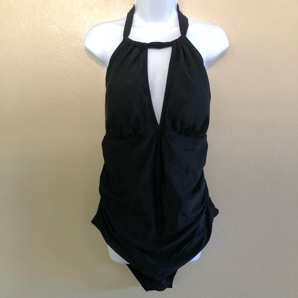 Aqua Eve Halter Keyhole Ruched Tummy Control One-Piece Swimsuit Plus Size 22W - Picture 6 of 16